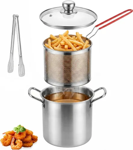 Vista 7 de Freidora de acero inoxidable de 3.2 cuartos de galón con cesta y tapa, sartén profunda multifuncional con colador para cocinar en casa