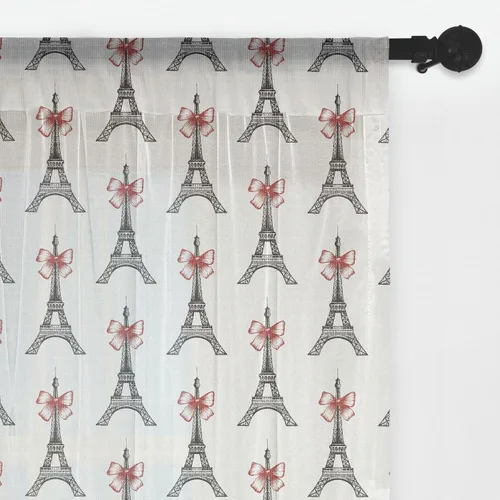 Vista 23 de Ambesonne Cortinas de tul Eiffel con bolsillo para barra, globos retro de corazón de café, remolinos de hito francés, cortina transparente