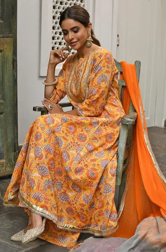 Vista 7 de Janasya Kurta india de algodón mostaza bordado con palazzo y dupatta