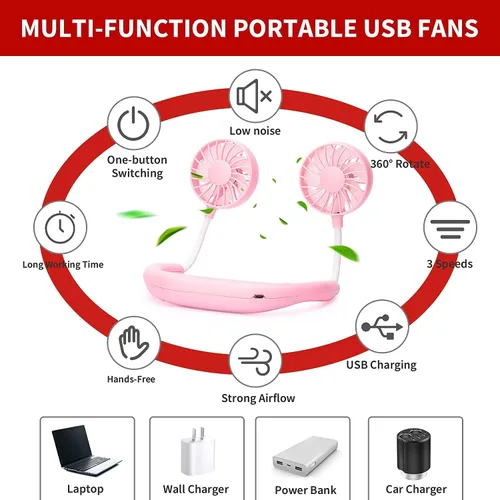 Vista 6 de Ventilador de cuello portátil recargable, ventilador personal manos libres, mini USB, con banda para el cuello, ventilador deportivo de 3 Paquete