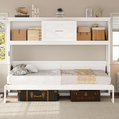 Vista 30 de Cama Murphy de tamaño matrimonial con estación de carga, marco de cama de pared de madera que ahorra espacio se puede plegar, armario de cama cubo