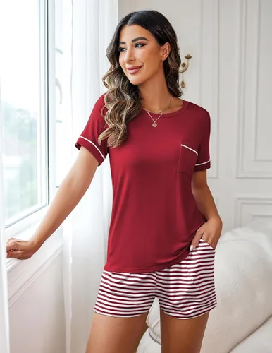 Vista 3 de Ekouaer Conjunto de pijama para mujer, 2 piezas, manga corta, ropa de dormir, suave, con bolsillos