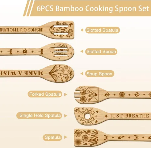 Vista 2 de GLOBLELAND Juego de 6 cucharas de madera de diente de león con diseño de mariposa y bambú, utensilios de cocina de madera grabada, juego