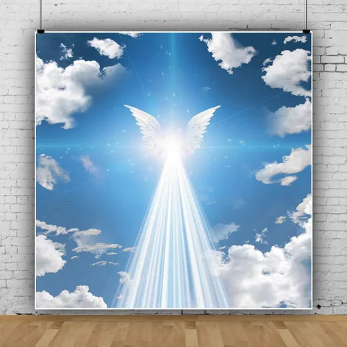 Vista 3 de Telón de fondo de alas de ángel de 4 x 4 pies, tema enviado al cielo recién nacido, baby shower, fotografía, fondo azul cielo blanco, nube santo