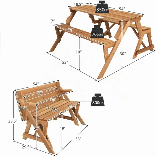 Vista 5 de GYMAX Mesa de picnic, juego de mesa de picnic convertible 2 en 1, mesa de picnic de madera intercambiable transformable con agujero para paraguas