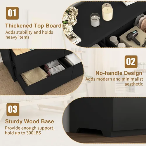 Vista 3 de Cómoda negra de 12 cajones para dormitorio, cómoda moderna con cajones profundos de 63 pulgadas, cómoda de almacenamiento ancha y larga, muebles