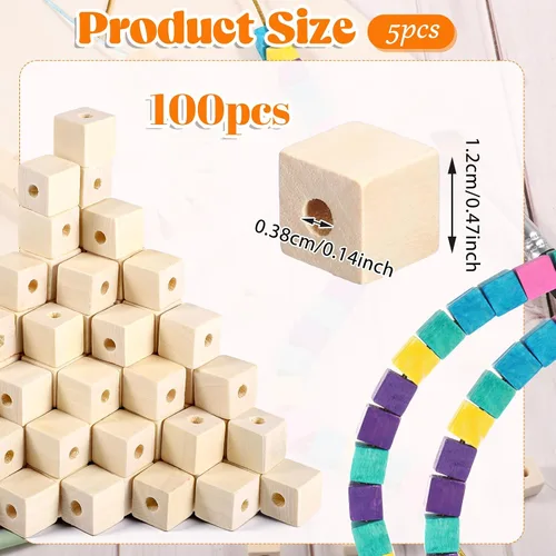 Vista 2 de 100 bloques de madera, cubos de madera de 1/2 pulgada con agujeros, bloques de madera sin terminar para manualidades, cubos de madera pequeños