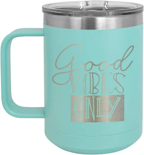 Vista 9 de Good VIBES SOLO Taza de café de 15 oz con tapa superior deslizante Taza de café de viaje aislado Ideas de regalo de cumpleaños o Navidad de Negro