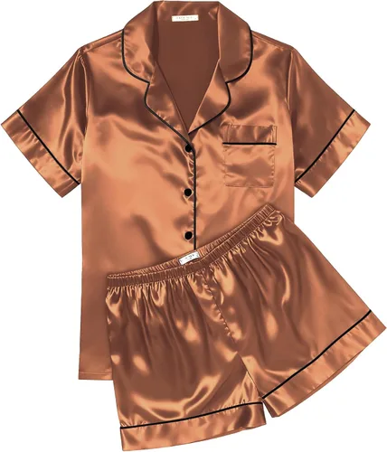 Vista 35 de Ekouaer Conjunto de pijama de satén de seda para mujer, suave, de manga corta, con botones, ropa para dormir, camiseta y pantalones cortos, juego