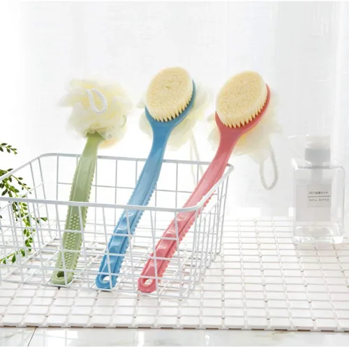 Vista 7 de Cepillo corporal de ducha con cerdas y esponja de esponja de malla, mango curvado Long Handle Bath Brush with Mesh Sponge for Skin