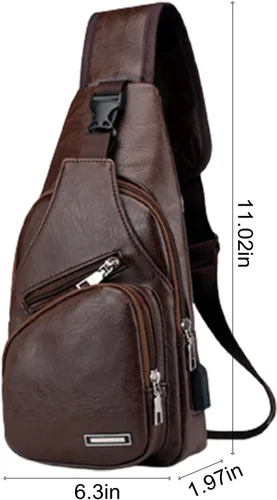 Vista 6 de Bolso bandolera de cuero para hombre, bolso lateral cruzado para hombre, mochila de hombro con agujero para auriculares