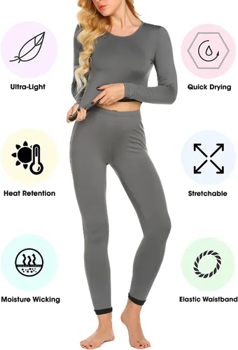 Vista 2 de Ekouaer Conjunto de ropa interior térmica para mujer, ropa interior larga, capa base, ligero, conjunto de 2 piezas