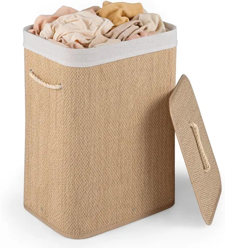 Vista 11 de Cesta de lavandería de bambú Giantex con tapa, cesta grande y alta de 72L para ropa con forro y asas extraíbles, cesta de lavandería rectangular
