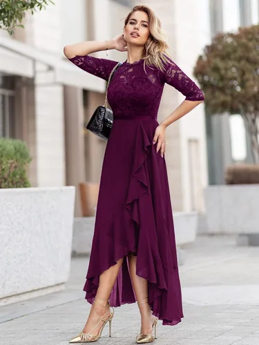 Vista 3 de Vestido largo de dama de honor con vuelos de encaje y cuello en V para mujer de MIUSOL