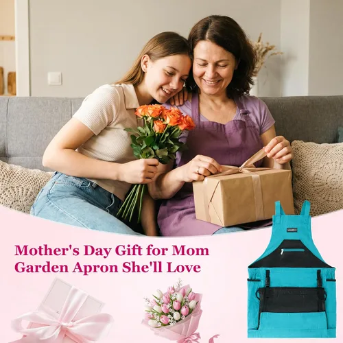 Vista 6 de Delantal de jardín, delantales de cosecha con bolsa de cordón y bolsillos para mujeres y hombres, delantal de lona para recolección de frutas