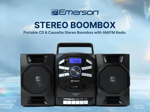 Vista 4 de Emerson Reproductor de CD portátil Boombox con reproductor de cassette, grabadora de cinta, radio AM/FM, entrada AUX, altavoces desmontables