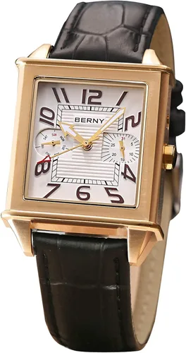 Vista 2 de BERNY Relojes cuadrados para hombre reloj de cuarzo rectangular calendario correa de cuero