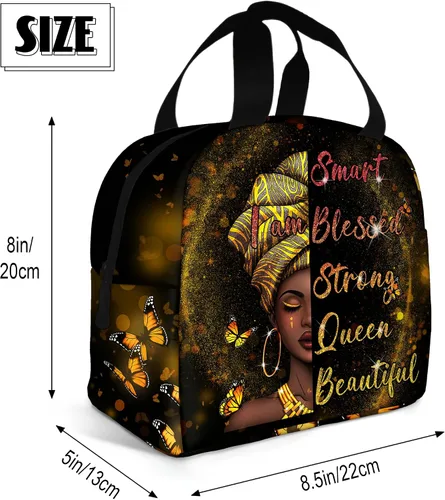 Vista 4 de Bolsa de almuerzo afroamericana para mujeres, reutilizable, negra, con aislamiento mágico, portátil, bolsa de mano para mujeres, viajes, senderismo