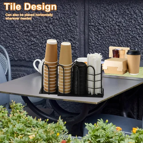 Vista 4 de Soporte de metal para tazas y tapas, dispensador de taza de café con 4 compartimentos, soporte para taza de café negro para encimera, organizador
