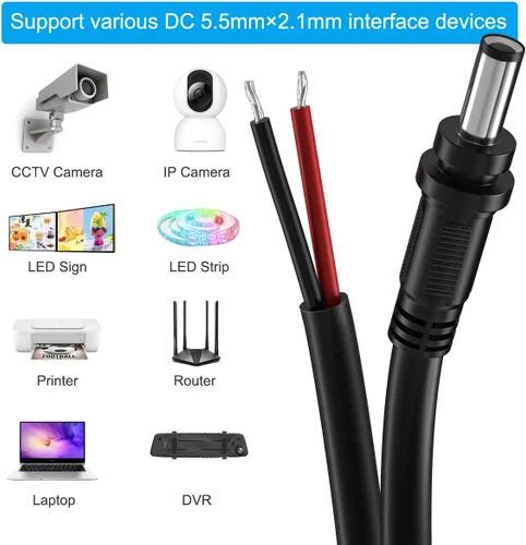 Vista 5 de Cable de alimentación de CC de 18 AWG, conector de enchufe de barril de CC de 0.083 in x 0.217 in, enchufe macho a cable desnudo, cable