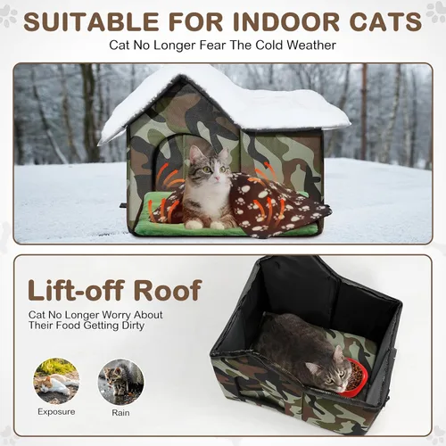 Vista 2 de Dansydaisy 3 Piezas Casa para Gatos de Exterior Impermeable de 21" x 18" con Puerta con Cortina, Almohadilla Autocalentable, Manta, Refugio Grande