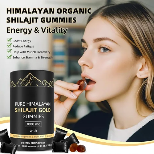 Vista 6 de Gomitas Shilajit del Himalaya de 3000 mg de oro para hombres y mujeres, orgánicas y naturales con más de 85 minerales esenciales y ácido fúlvico