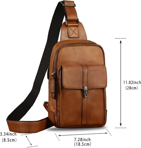 Vista 5 de Bolso bandolera de cuero genuino Mochila casual de senderismo Mochila vintage hecha a mano Crossbody Bag Retro Chest Daypack (marrón)