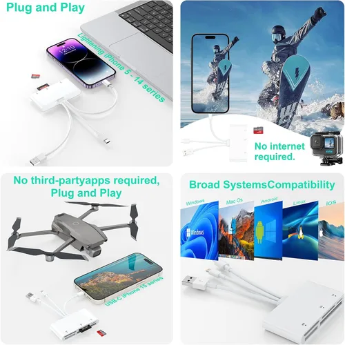 Vista 7 de Multi 8 en 1 Lightning/USB C/USB A lector de tarjetas de memoria para iPhone 15 14 13/iPad/Android/Samsung/Mac Book/Laptop/Cámara/Disco Duro/Unidad
