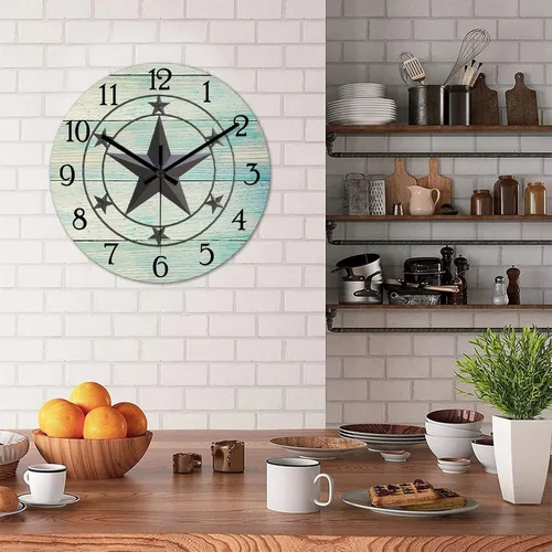 Vista 4 de Reloj de pared antiguo con estrella del oeste de Texas vintage, reloj de madera sin tictac, silencioso funciona con pilas, fácil de leer, reloj