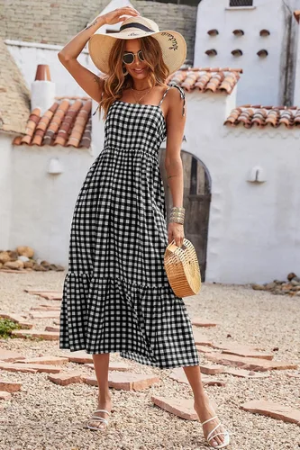 Vista 3 de PRETTYGARDEN Vestido de verano para mujer, a cuadros, con tirantes delgados, cuello cuadrado, con volantes y vuelo