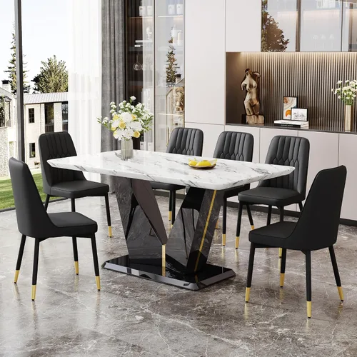 Vista 15 de Juego de mesa de comedor de 5 piezas, juego de mesa de comedor moderno de mármol de 63 pulgadas para 4, juego de mesa de cocina blanca para 4, juego