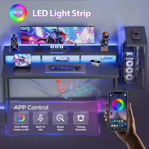 Vista 6 de Mericonia Escritorio para juegos con tomas de corriente y luces LED, escritorio reversible para computadora con soporte para caja de PC, cajones