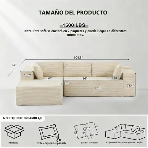 Vista 3 de Sofá modular modular en forma de L de 104 pulgadas con diván, sofá deshuesado similar a una nube, tapicería de pana transpirable, no requiere Beige