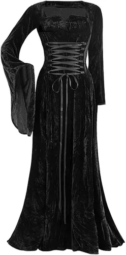 Vista 2 de SHOPESSA Disfraz de Halloween para mujer, vestido medieval de terciopelo, manga acampanada, longitud hasta el suelo, vestido renacentista del siglo