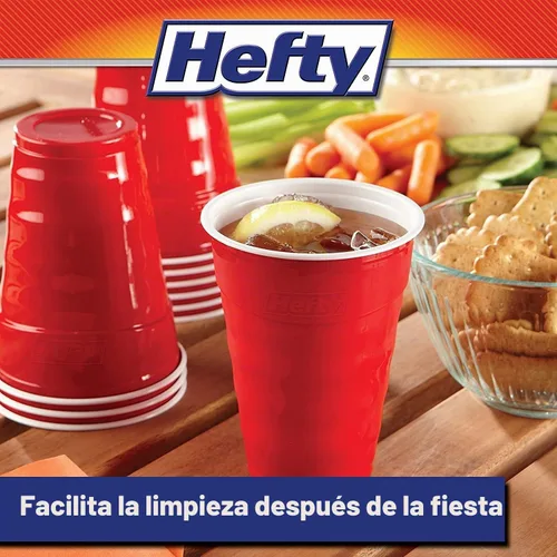 Vista 3 de Hefty Vasos fríos de plástico desechables de fácil agarre, vasos de bebidas duraderas para refrescos, jugos y bebidas frías, vasos de plástico rojo