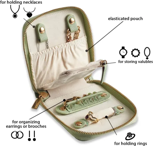 Vista 3 de FEMIECHO Estuche organizador de joyas de viaje, para collares, aretes, anillos, pulseras, artículos esenciales de viaje, bolsas de viaje portátiles
