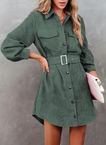 Vista 2 de Womens Corduroy Dress Shacket Jacket Shirts Lapel Long Sleeve Belted Casual Fall Winter Button Down Dress Pocket