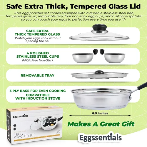 Vista 6 de Escalfador de Huevos - Eggssentials Sartén para Huevos Escalfados, Sartén de Acero Inoxidable para Huevos Escalfados, Cocinador de Huevos Escalfados