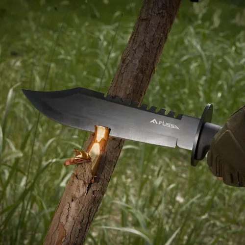 Vista 3 de Cuchillo de supervivencia y caza FLISSA con vaina, cuchillo táctico Bowie de hoja fija de 15 pulgadas con afilador y arrancador de fuego