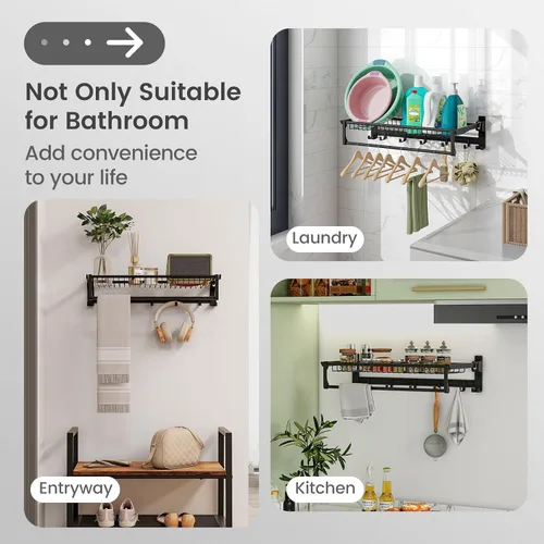 Vista 9 de Tangkula Estante de baño plegable, estante de baño montado en la pared con barra ajustable y ganchos móviles, organizador de aluminio a prueba