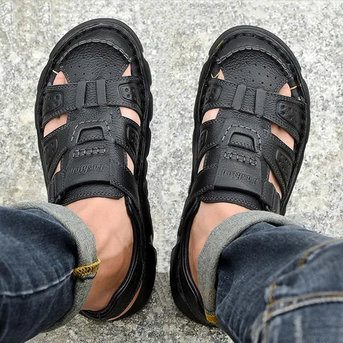 Vista 2 de Feichi Sandalias deportivas para hombre, puntera cerrada, sandalias de cuero hechas a mano, ajustables, para verano, pescador, zapatos de playa