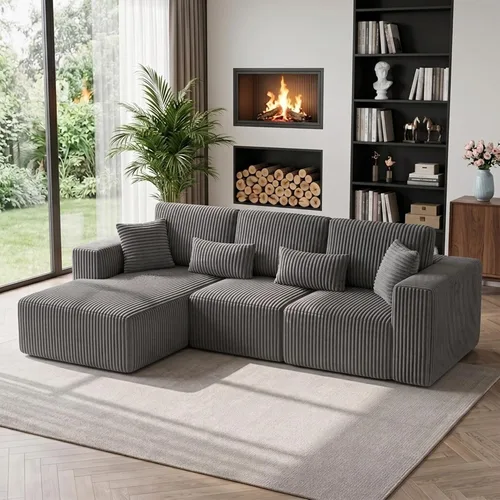 Vista 13 de Sofá modular de 110 pulgadas, sofá modular de pana en forma de L sin hueso con diván, moderno sofá de asiento profundo tapizado para sala de estar