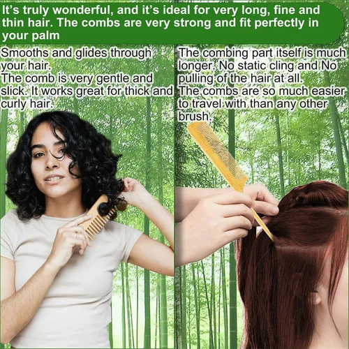 Vista 4 de Juego de peine de bambú para mujer, cepillo desenredante de paleta de madera para cabello grueso, fino, rizado, lacio, ondulado, fino, diente ancho