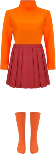 Vista 4 de MSISILY Disfraz de Velma para adulto, disfraz de Halloween para adultos, disfraz de cosplay para mujer, conjunto de falda clásica