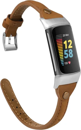 Vista 9 de Wearlizer Correa de cuero compatible con correas Fitbit Charge 5/6, correa de reloj de cuero delgada de repuesto para mujeres y hombres Beige