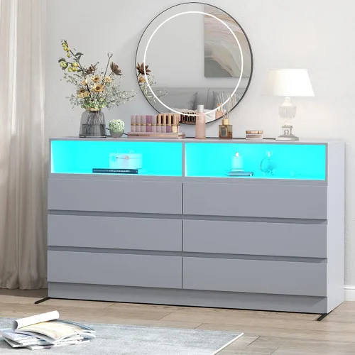 Vista 11 de Loomie Cómoda de 6 cajones para dormitorio, cómoda ancha con estación de carga y luces LED, muebles de dormitorio tradicionales, tocador