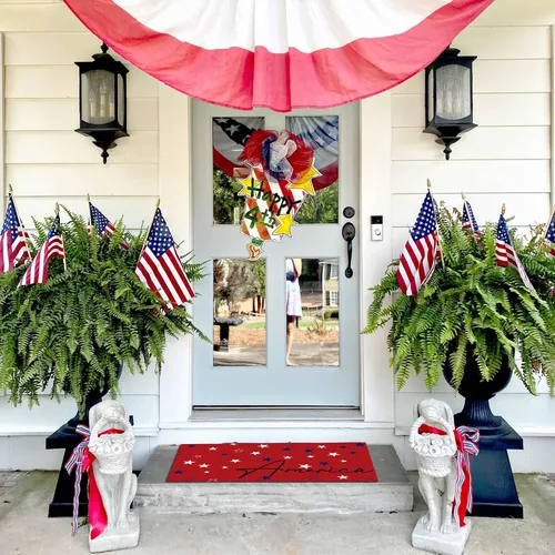 Vista 6 de Tapete patriótico para puerta del 4 de julio, Día de la Independencia, decorativo con estrellas de la libertad, tapete de bienvenida rojo, tapete