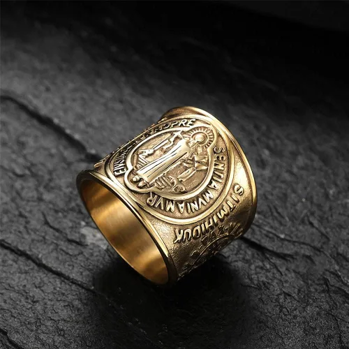 Vista 5 de LiFashion Anillo personalizado de San Benito para hombres anillo ancho de acero inoxidable anillo ancho de exorcismo católico cruz romana banda