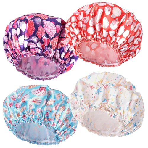 Vista 26 de 4 piezas de gorros de ducha para mujer, gorros de baño con estampado, gorro de ducha de doble capa reutilizable e impermeable, gorros de ducha
