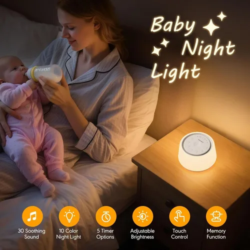 Vista 9 de Máquina de ruido blanco con luz nocturna, 30 sonidos relajantes, máquina de sonido portátil para bebés y adultos, luz nocturna de 10 colores, 5